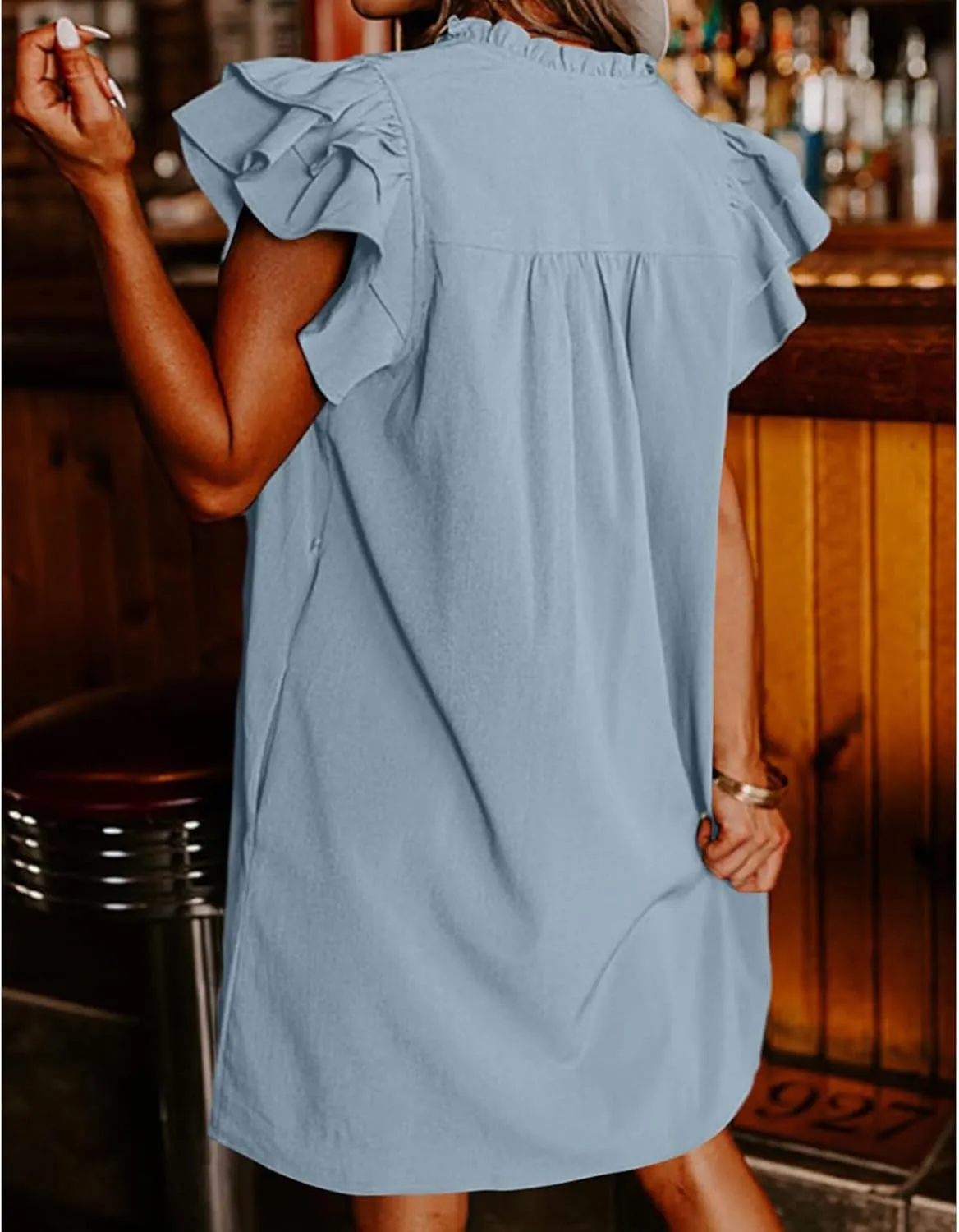 Womens Summer Dresses Flowy Comfy Ruffle Sleeve V Neck Mini Dress Casual Loose Solid Color Pleated Beach Sunderss