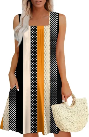 Womens Summer Dresses Flowy Sleeveless Mini Dress Beach Casual Sundresses Prited Tshirt Tank Dresses with Pockets