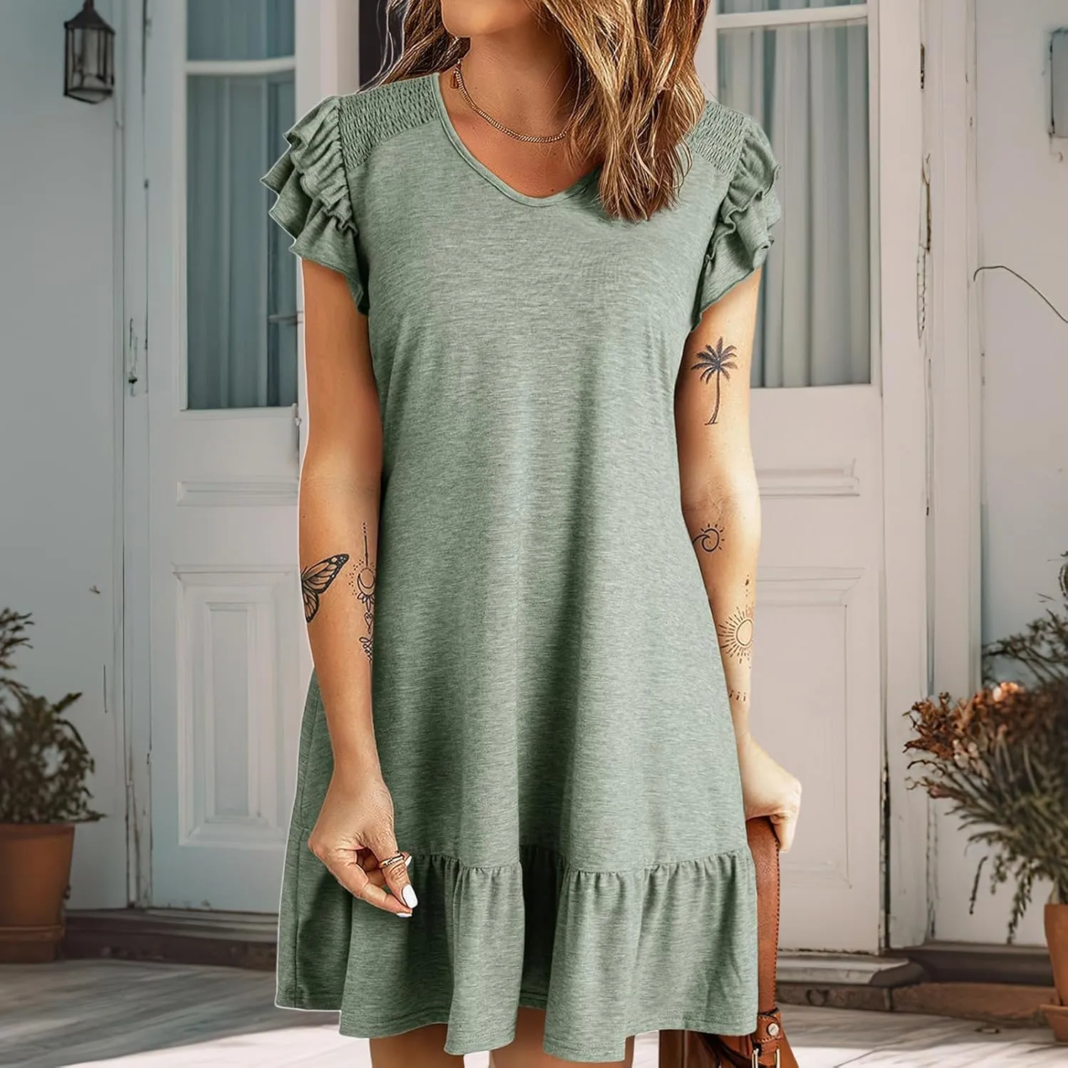 Women's Summer Dresses Ruffle Short Sleeve Smocked V Neck Mini Dress Casual Loose A-Line Swing Dress Cute Sundress