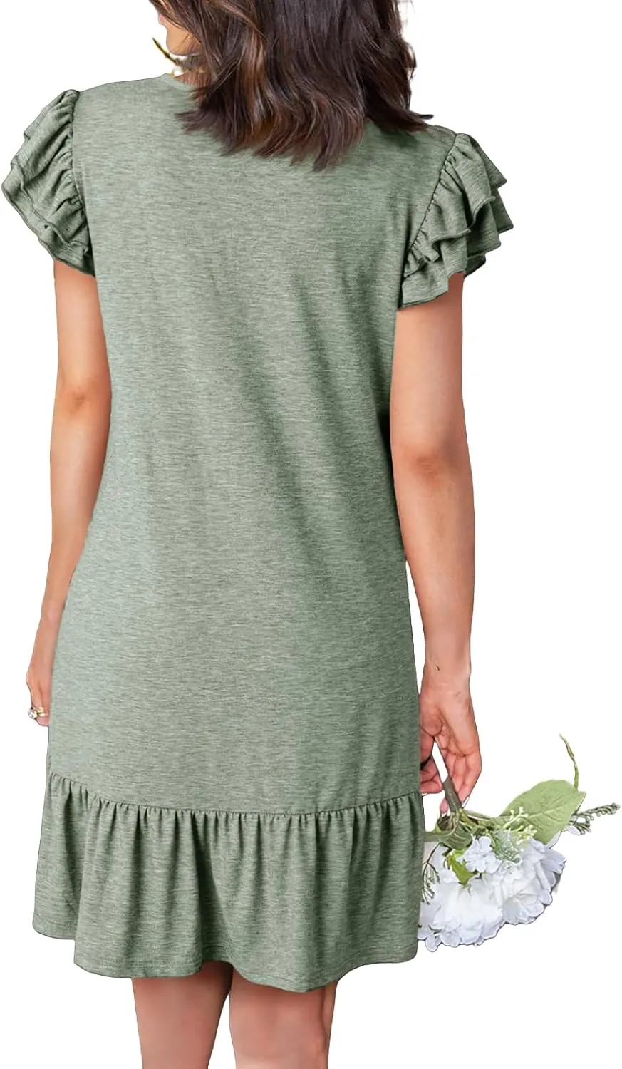 Women's Summer Dresses Ruffle Short Sleeve Smocked V Neck Mini Dress Casual Loose A-Line Swing Dress Cute Sundress