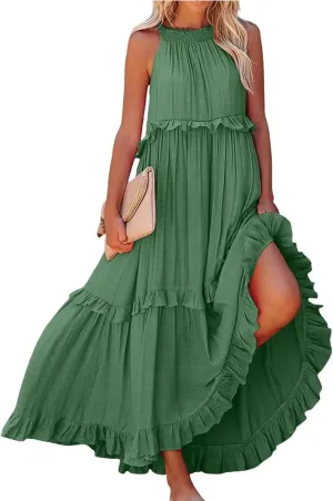 Women's Summer Dresses Sleeveless Halter Beach Dresses 2025 Vacation Tiered Ruffle Flowy Swing Sundress, S-2XL