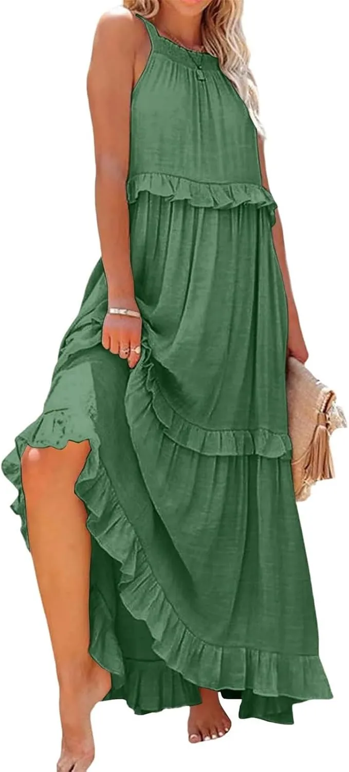 Women's Summer Dresses Sleeveless Halter Beach Dresses 2025 Vacation Tiered Ruffle Flowy Swing Sundress, S-2XL