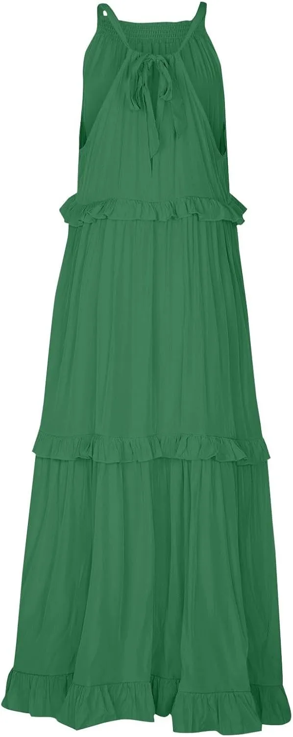 Women's Summer Dresses Sleeveless Halter Beach Dresses 2025 Vacation Tiered Ruffle Flowy Swing Sundress, S-2XL