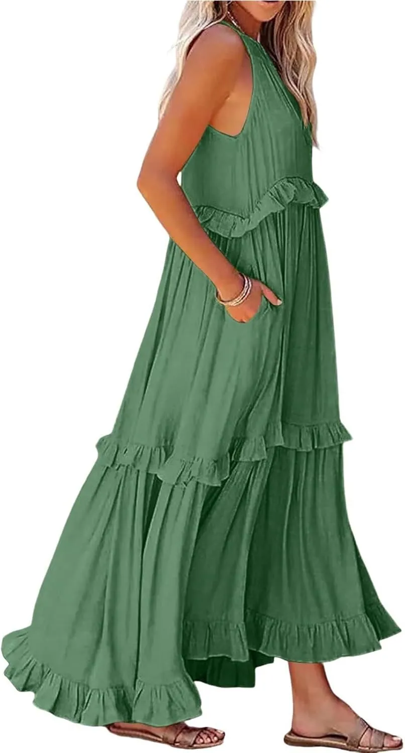 Women's Summer Dresses Sleeveless Halter Beach Dresses 2025 Vacation Tiered Ruffle Flowy Swing Sundress, S-2XL