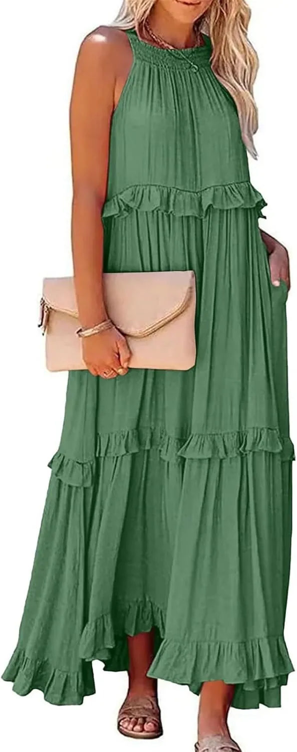 Women's Summer Dresses Sleeveless Halter Beach Dresses 2025 Vacation Tiered Ruffle Flowy Swing Sundress, S-2XL