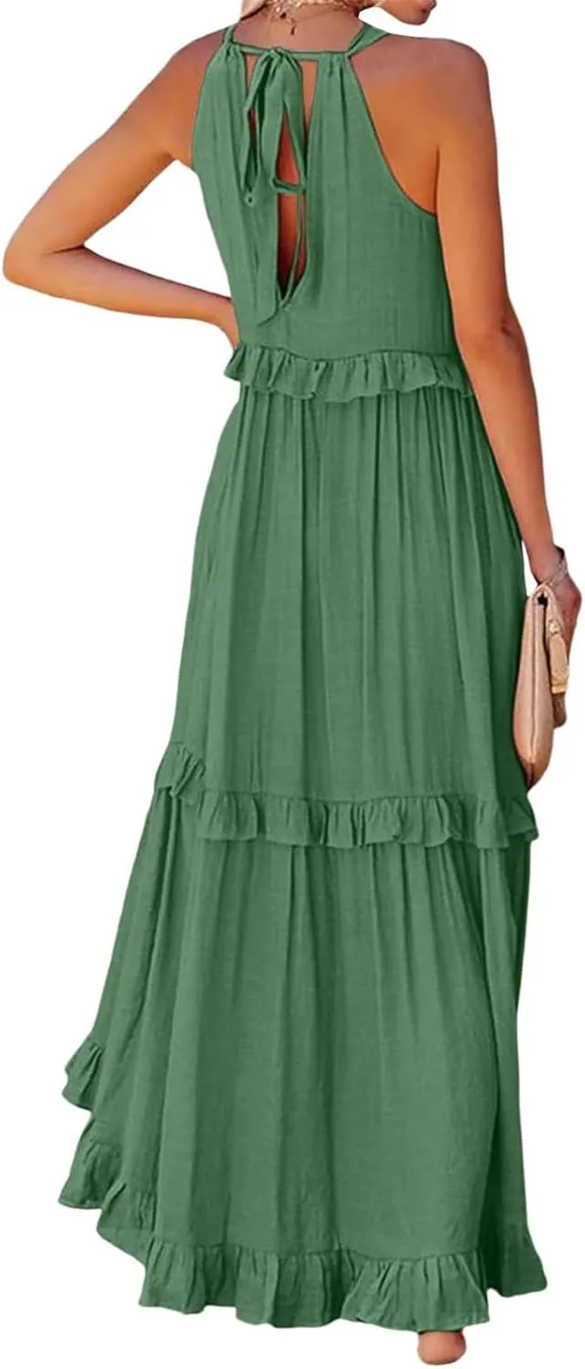 Women's Summer Dresses Sleeveless Halter Beach Dresses 2025 Vacation Tiered Ruffle Flowy Swing Sundress, S-2XL