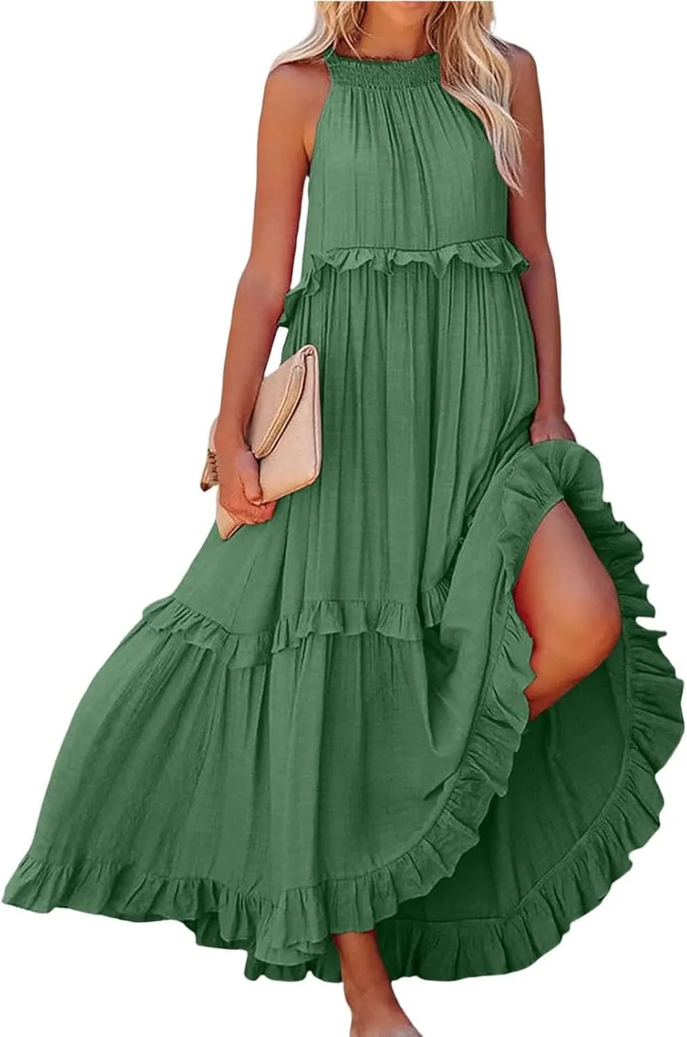 Women's Summer Dresses Sleeveless Halter Beach Dresses 2025 Vacation Tiered Ruffle Flowy Swing Sundress, S-2XL