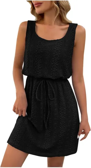 Womens Summer Eyelet Textured Tank Dresses Casual Scoop Neck Sleeveless Elastic Waist Short Mini Dress Beach Sundress