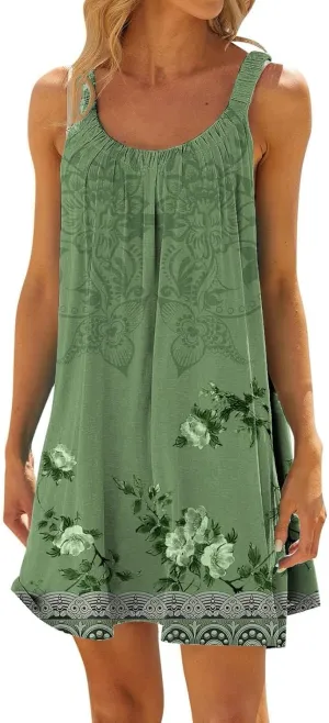 Women's Summer Fashion Vintage Flowers Printed Pleated Sleeveless Shoulder Strap Beach Vacation Casual Dress