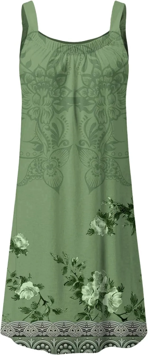 Women's Summer Fashion Vintage Flowers Printed Pleated Sleeveless Shoulder Strap Beach Vacation Casual Dress