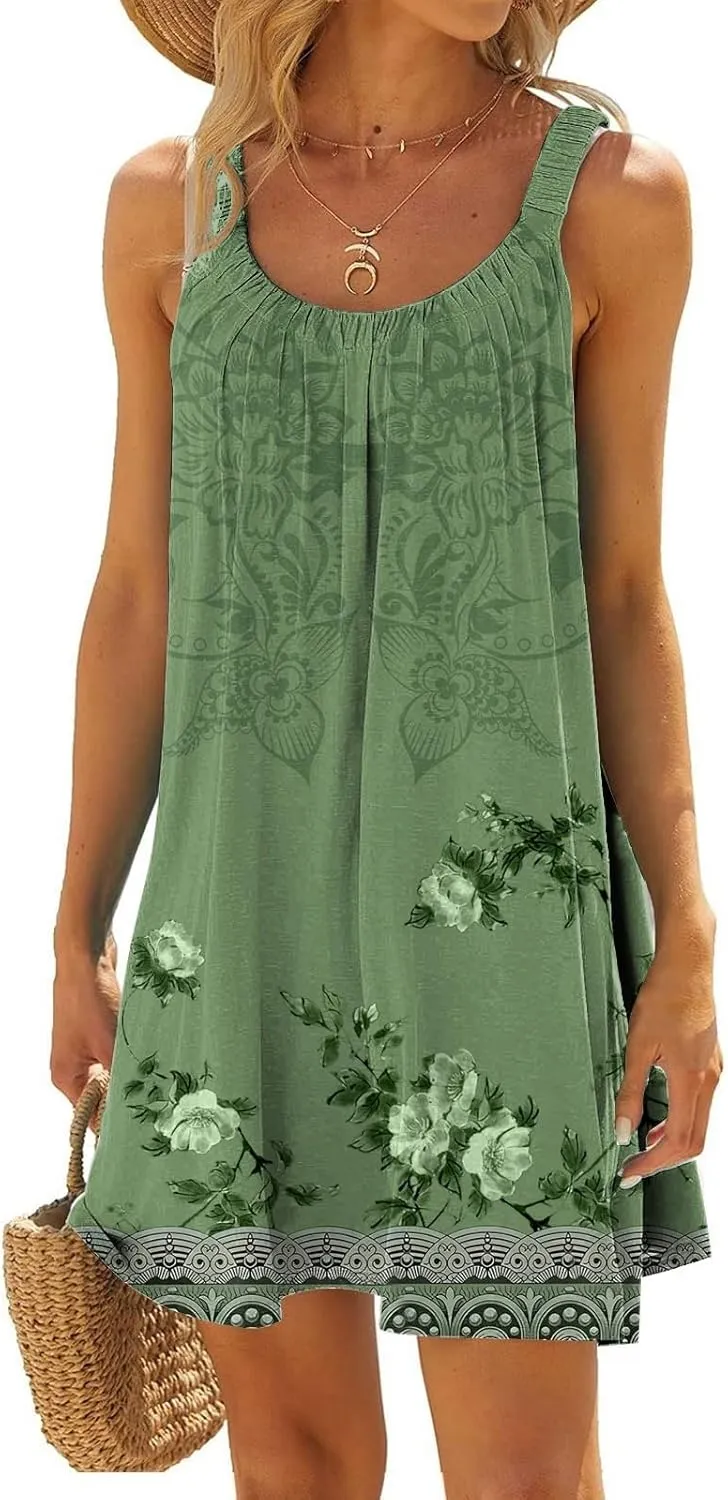 Women's Summer Fashion Vintage Flowers Printed Pleated Sleeveless Shoulder Strap Beach Vacation Casual Dress