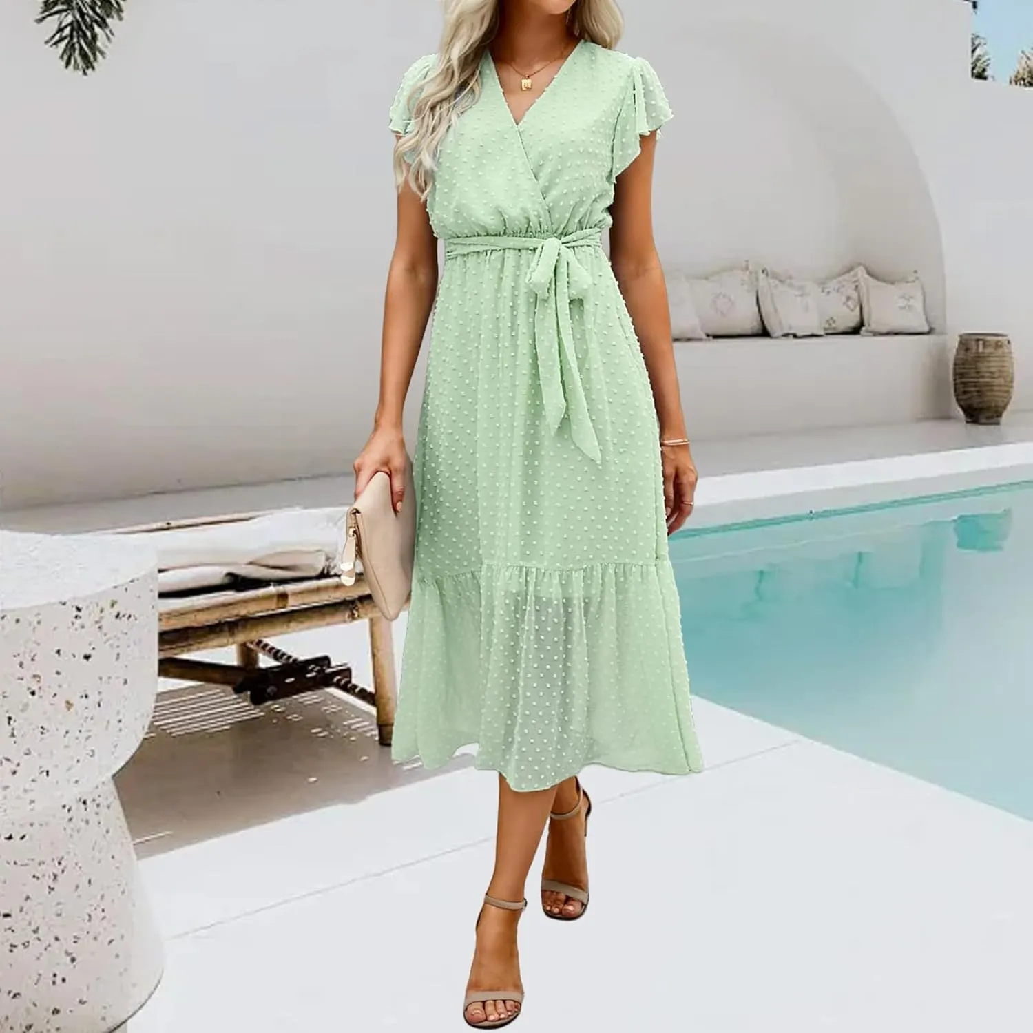 Women's Summer Floral Boho Dress Casual Wrap V Neck Ruffle Cap Sleeve Dress A-Line Flowy Belted Dresses Beach Dresses