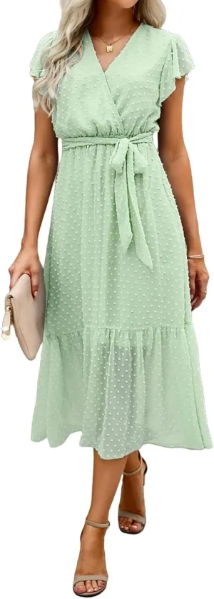 Women's Summer Floral Boho Dress Casual Wrap V Neck Ruffle Cap Sleeve Dress A-Line Flowy Belted Dresses Beach Dresses