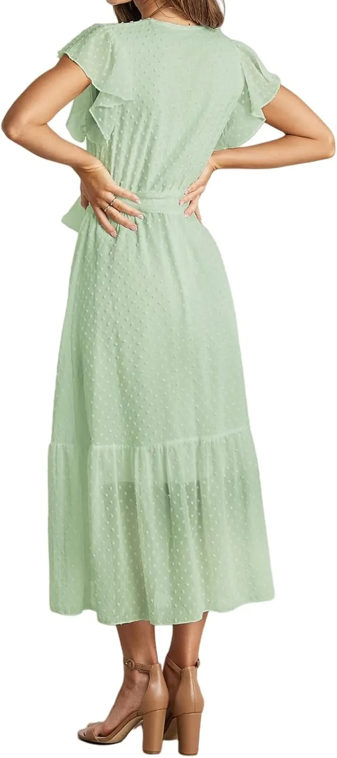Women's Summer Floral Boho Dress Casual Wrap V Neck Ruffle Cap Sleeve Dress A-Line Flowy Belted Dresses Beach Dresses