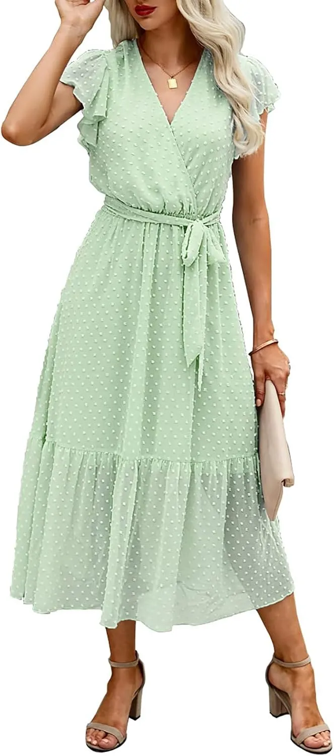 Women's Summer Floral Boho Dress Casual Wrap V Neck Ruffle Cap Sleeve Dress A-Line Flowy Belted Dresses Beach Dresses