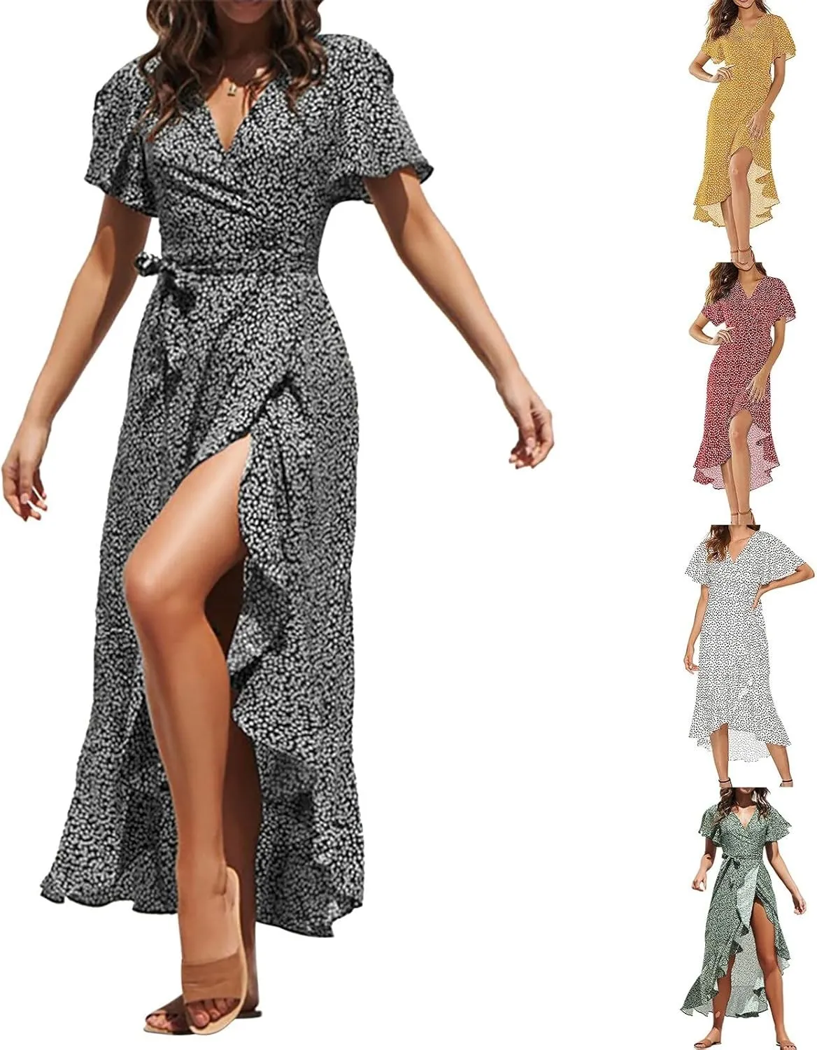 Women's Summer Floral Boho Dress Wrap V Neck Short Sleeve Ruffle A-Line Flowy Maxi Wedding Guest Dresses for Women
