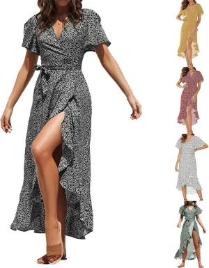 Women's Summer Floral Boho Dress Wrap V Neck Short Sleeve Ruffle A-Line Flowy Maxi Wedding Guest Dresses for Women