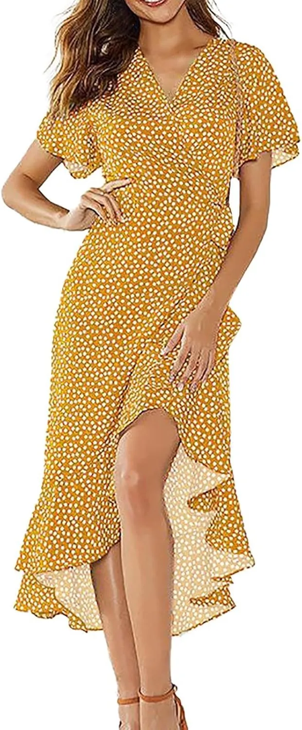 Women's Summer Floral Boho Dress Wrap V Neck Short Sleeve Ruffle A-Line Flowy Maxi Wedding Guest Dresses for Women