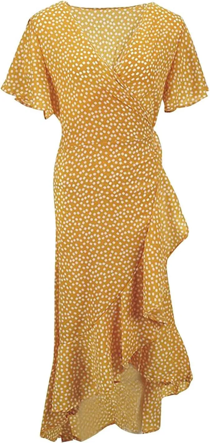 Women's Summer Floral Boho Dress Wrap V Neck Short Sleeve Ruffle A-Line Flowy Maxi Wedding Guest Dresses for Women