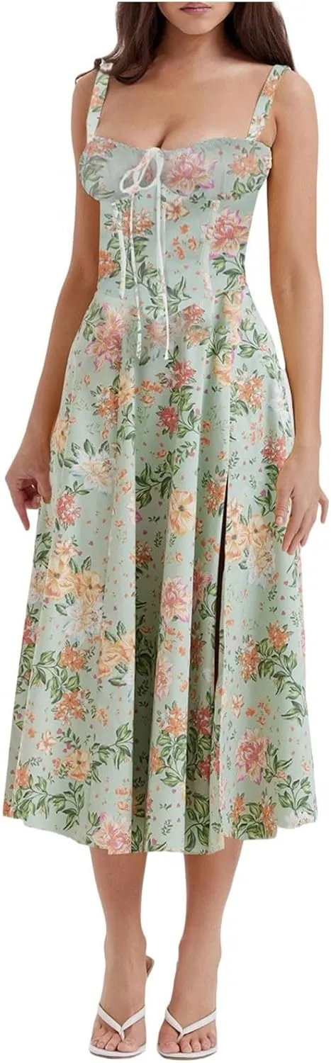 Womens Summer Floral Dresses 2024 Casual Midi Sun Dress Sexy Slip Dress Trendy Summer Beach Vacation Outfits