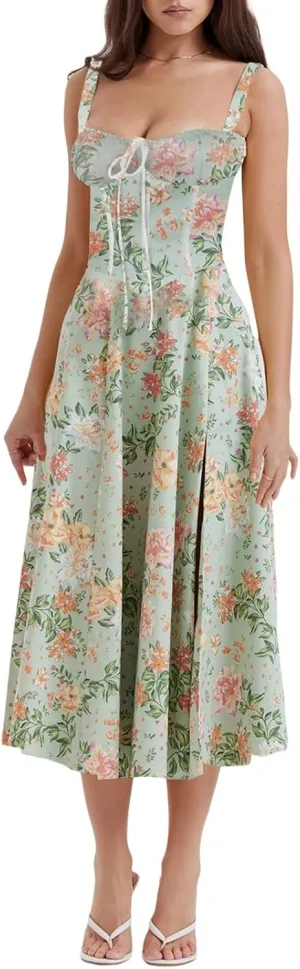 Womens Summer Floral Dresses 2024 Casual Midi Sun Dress Sexy Slip Dress Trendy Summer Beach Vacation Outfits