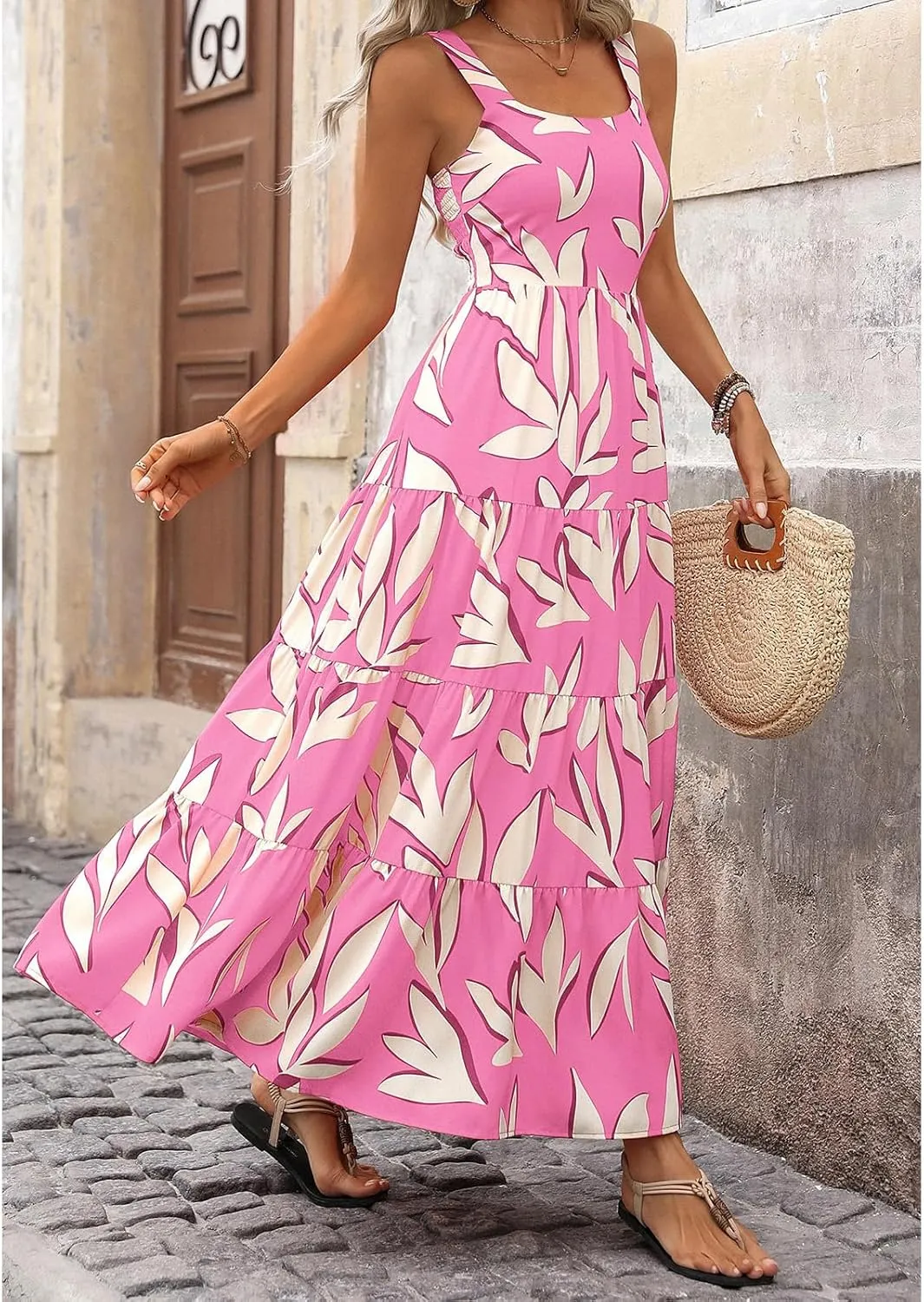 Women's Summer Floral Maxi Dress Cute Sleeveless/Short Sleeve Smocked Ruffle Long Dress Bohemian Flowy Beach Sundresses
