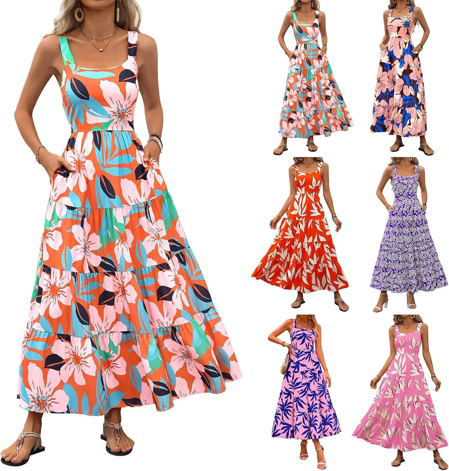 Women's Summer Floral Maxi Dress Cute Sleeveless/Short Sleeve Smocked Ruffle Long Dress Bohemian Flowy Beach Sundresses