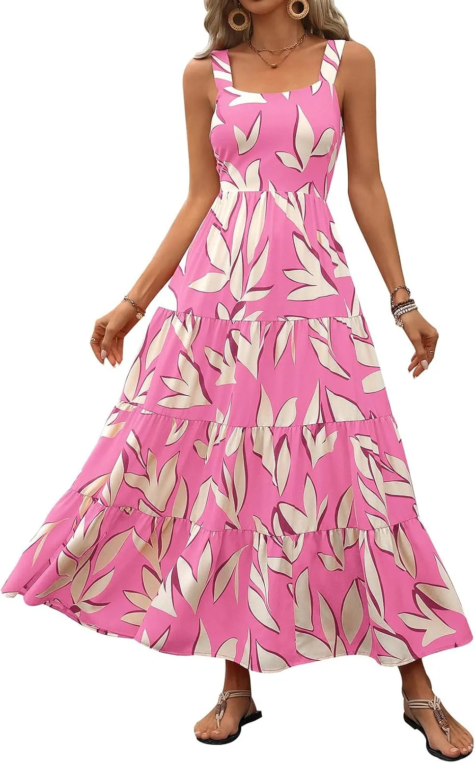 Women's Summer Floral Maxi Dress Cute Sleeveless/Short Sleeve Smocked Ruffle Long Dress Bohemian Flowy Beach Sundresses
