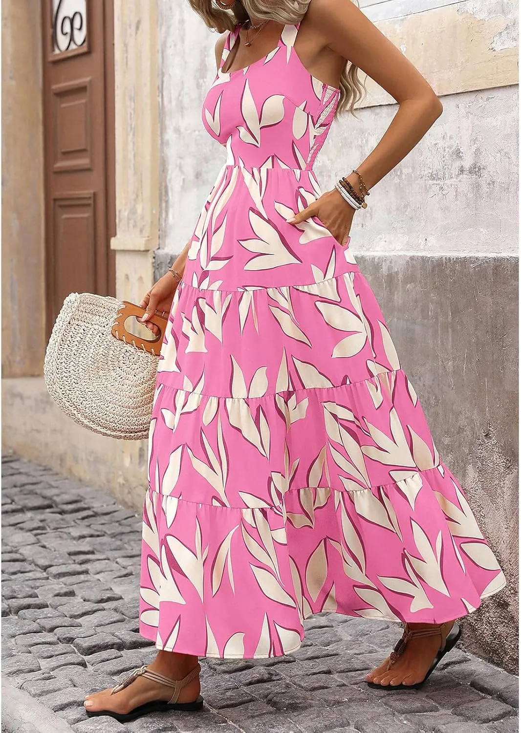 Women's Summer Floral Maxi Dress Cute Sleeveless/Short Sleeve Smocked Ruffle Long Dress Bohemian Flowy Beach Sundresses