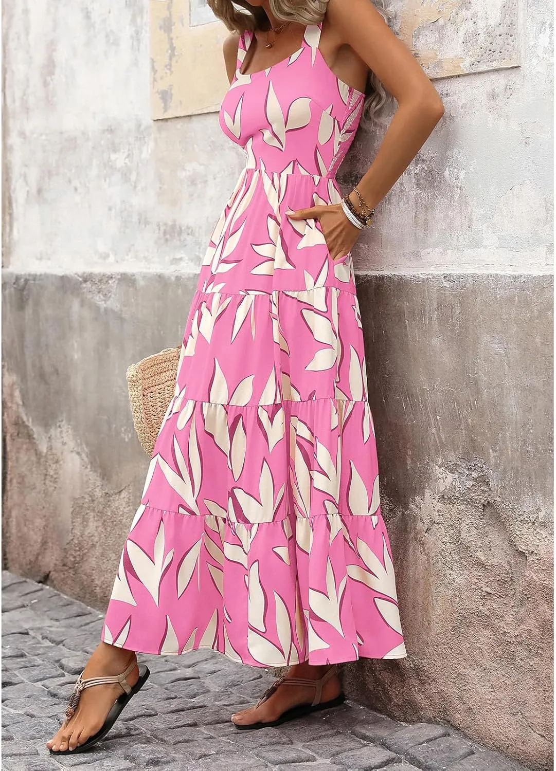Women's Summer Floral Maxi Dress Cute Sleeveless/Short Sleeve Smocked Ruffle Long Dress Bohemian Flowy Beach Sundresses