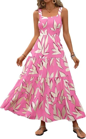 Women's Summer Floral Maxi Dress Cute Sleeveless/Short Sleeve Smocked Ruffle Long Dress Bohemian Flowy Beach Sundresses