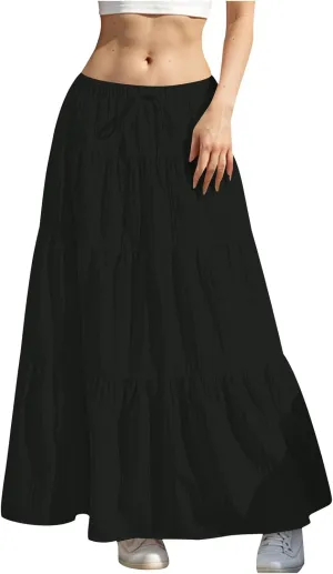Womens Summer Flowy Swing Tiered A-Line Maxi Skirts 2025 Elastic Waist Pleated Long Skirt Trendy Boho Beach Clothes