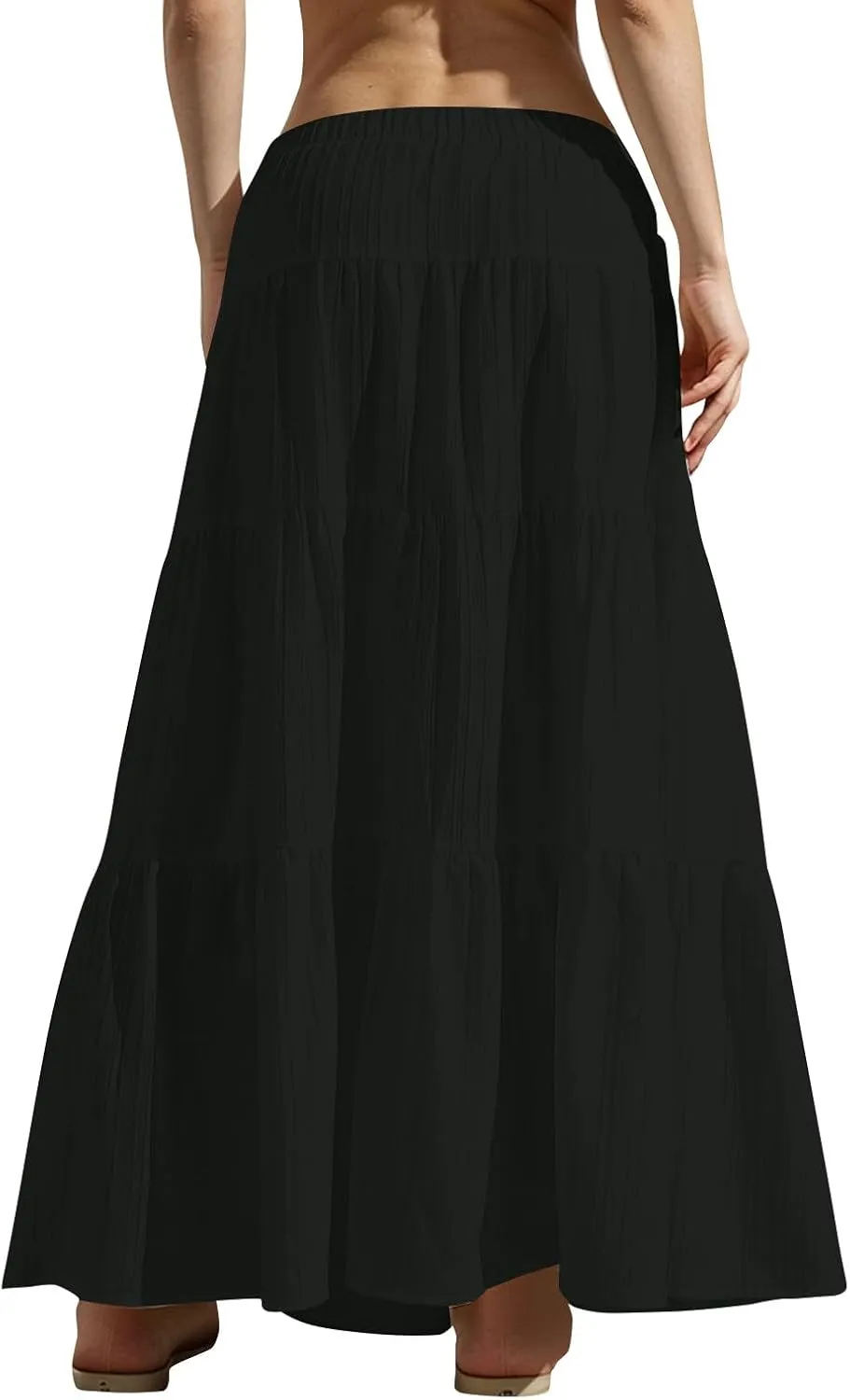 Womens Summer Flowy Swing Tiered A-Line Maxi Skirts 2025 Elastic Waist Pleated Long Skirt Trendy Boho Beach Clothes