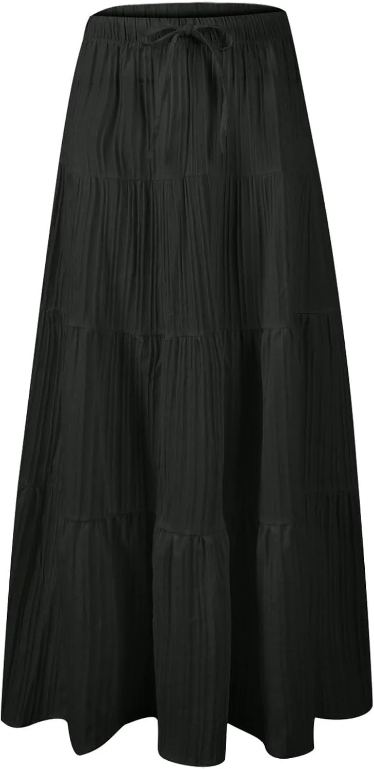 Womens Summer Flowy Swing Tiered A-Line Maxi Skirts 2025 Elastic Waist Pleated Long Skirt Trendy Boho Beach Clothes