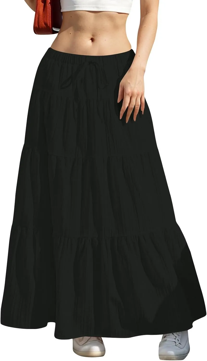 Womens Summer Flowy Swing Tiered A-Line Maxi Skirts 2025 Elastic Waist Pleated Long Skirt Trendy Boho Beach Clothes