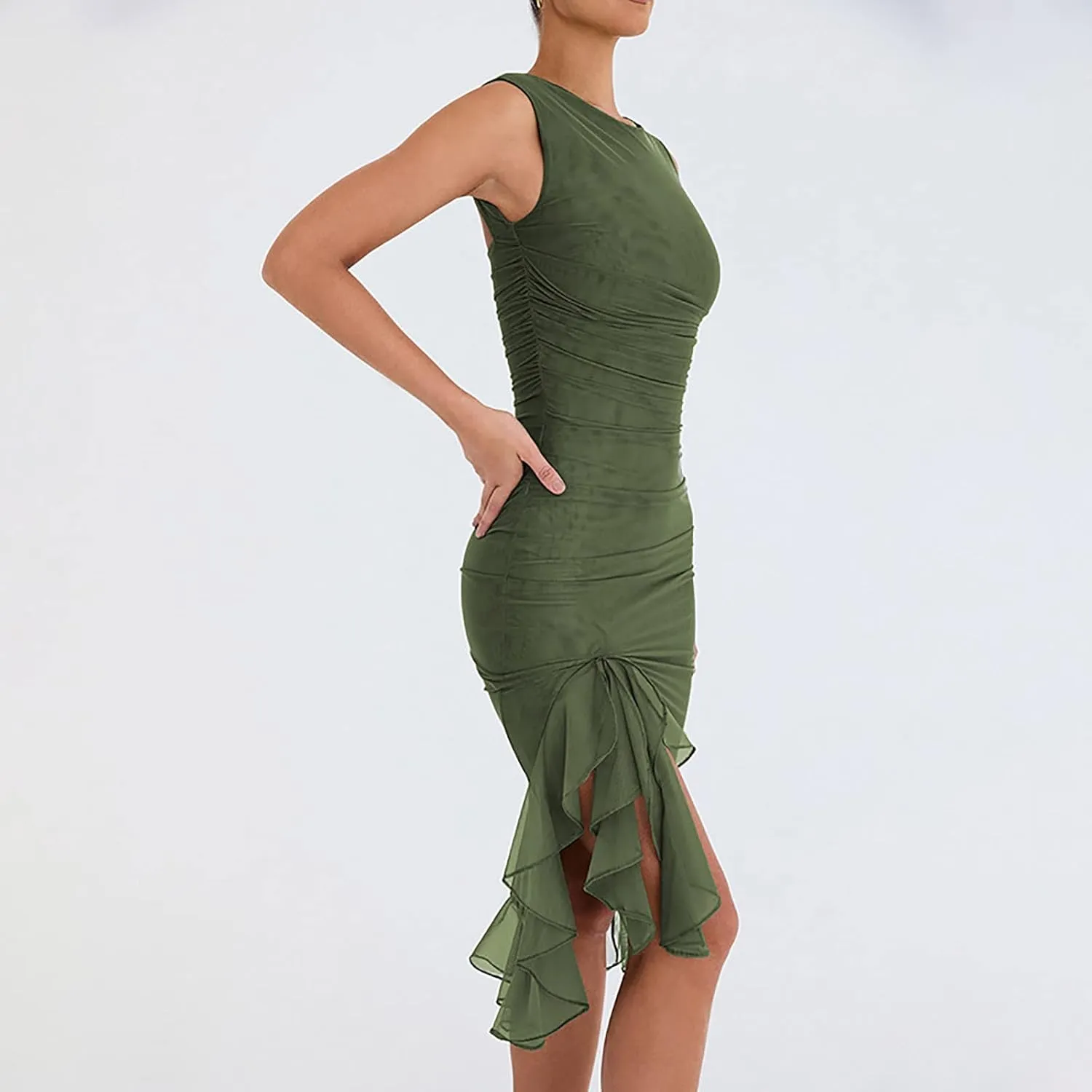Women's Summer Lace Ruched Bodycon Dress Sleeveless Backless Ruffle Cocktail Wedding Party Guest Mermaid Dresses