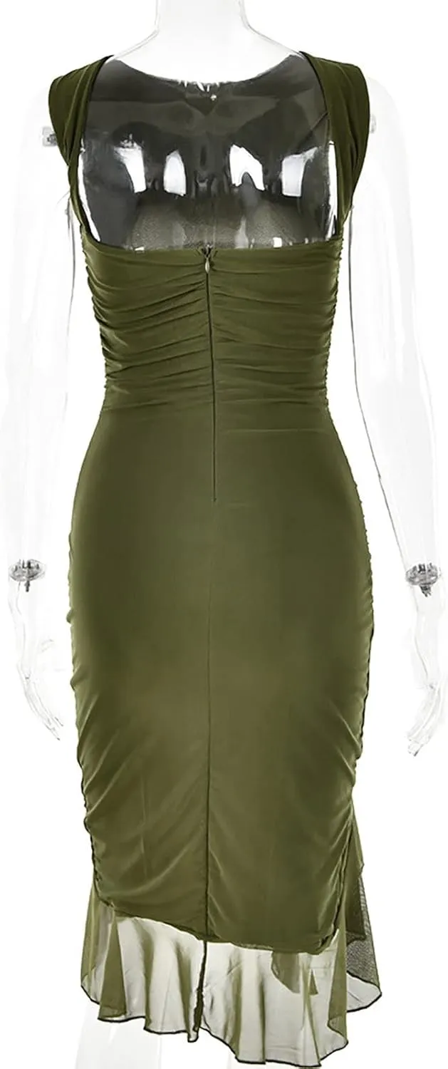 Women's Summer Lace Ruched Bodycon Dress Sleeveless Backless Ruffle Cocktail Wedding Party Guest Mermaid Dresses