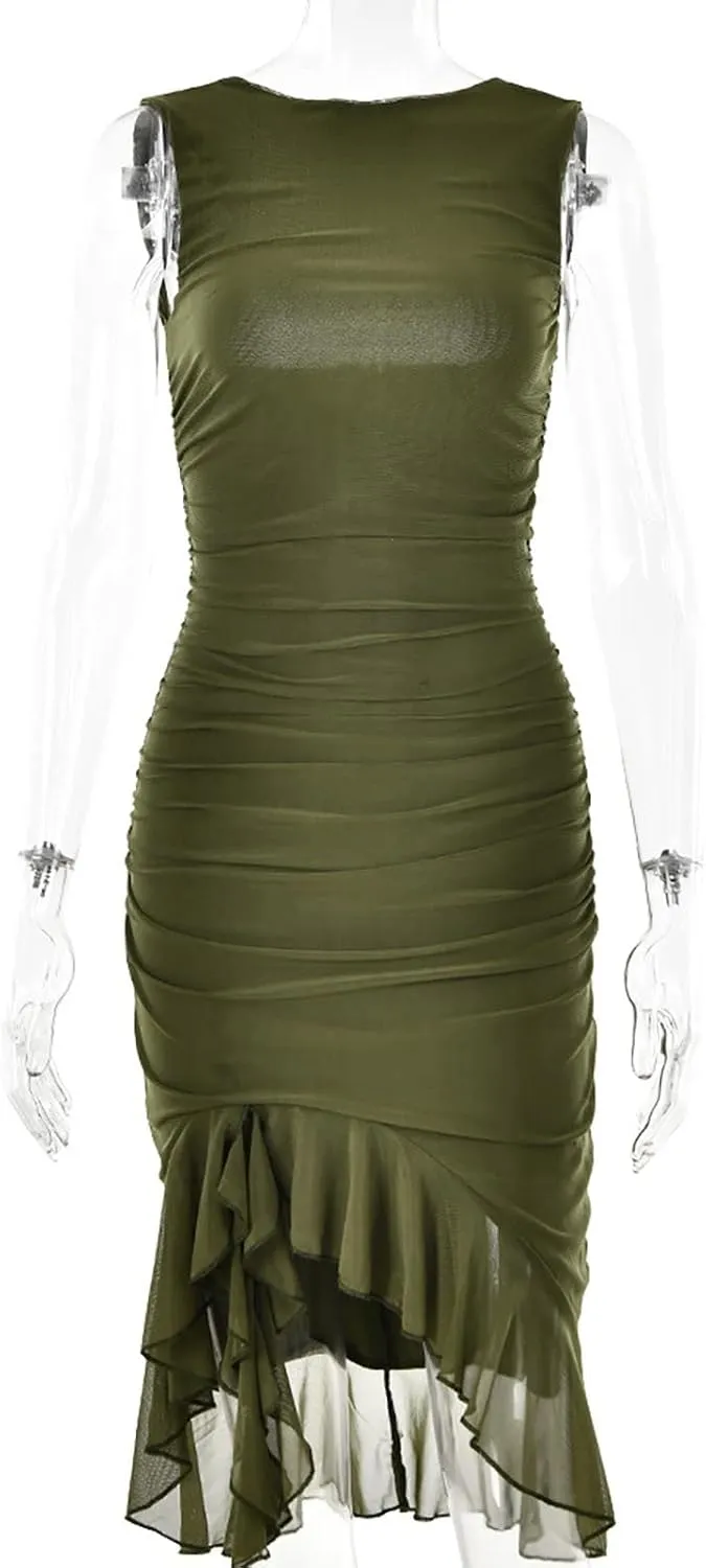 Women's Summer Lace Ruched Bodycon Dress Sleeveless Backless Ruffle Cocktail Wedding Party Guest Mermaid Dresses