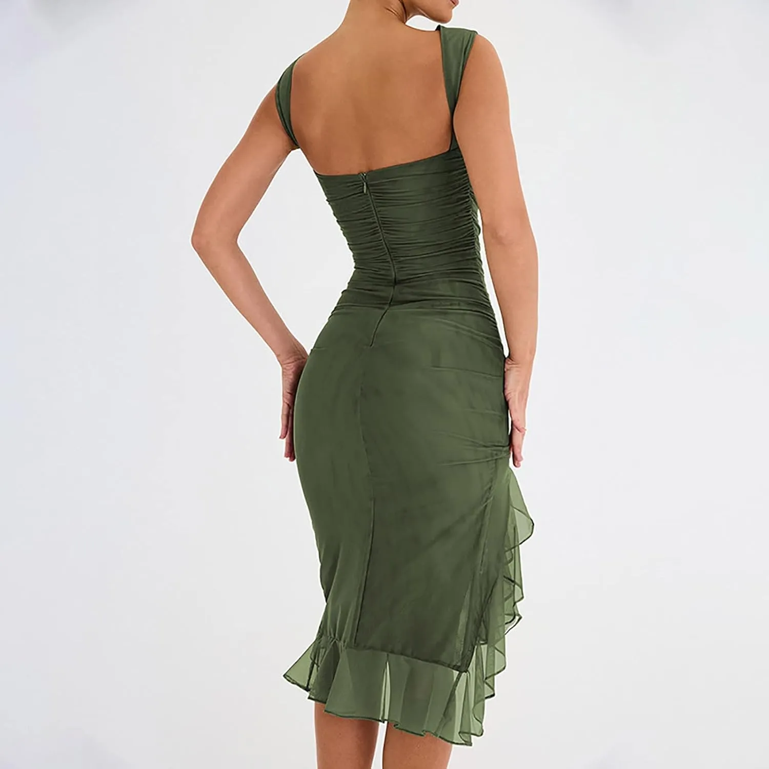 Women's Summer Lace Ruched Bodycon Dress Sleeveless Backless Ruffle Cocktail Wedding Party Guest Mermaid Dresses
