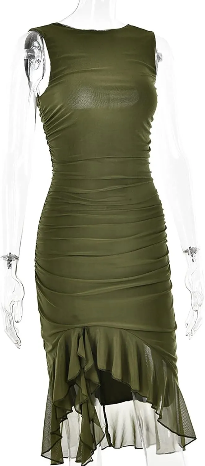 Women's Summer Lace Ruched Bodycon Dress Sleeveless Backless Ruffle Cocktail Wedding Party Guest Mermaid Dresses