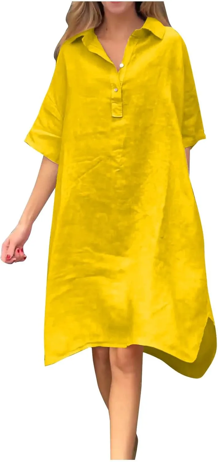 Women's Summer Loose Shirt Dress Casual Short Sleeve Button Down V Neck Midi Dress Beach Cover Up Plus Size Sundress