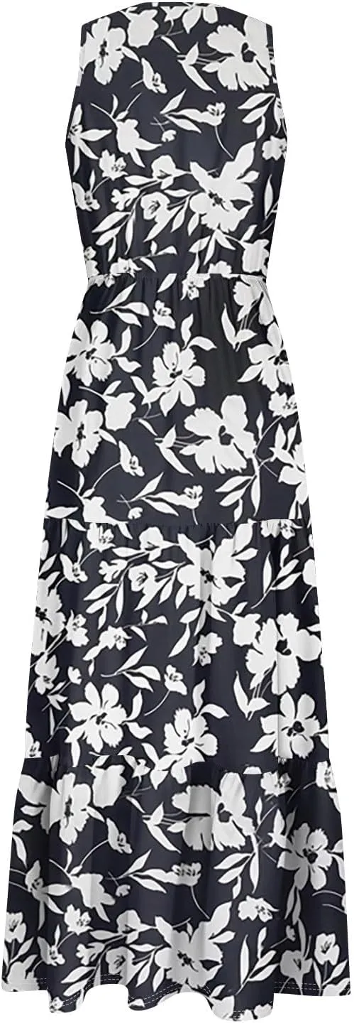 Women's Summer Maxi Dress Casual Boho Floral V Neck Sleeve Ruffle Hem Beach Long Dresses