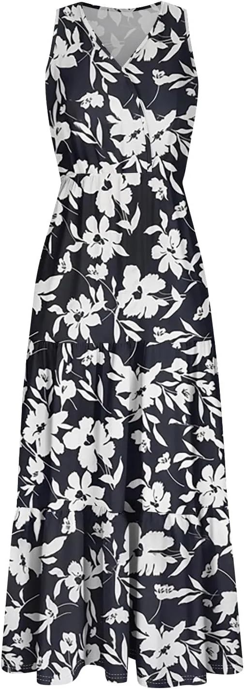 Women's Summer Maxi Dress Casual Boho Floral V Neck Sleeve Ruffle Hem Beach Long Dresses