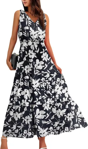 Women's Summer Maxi Dress Casual Boho Floral V Neck Sleeve Ruffle Hem Beach Long Dresses