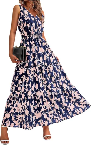 Womens Summer Maxi Dress Casual Flowy Sleeveless Sundress Boho Floral V Neck Long Dresses Beach Long Dress