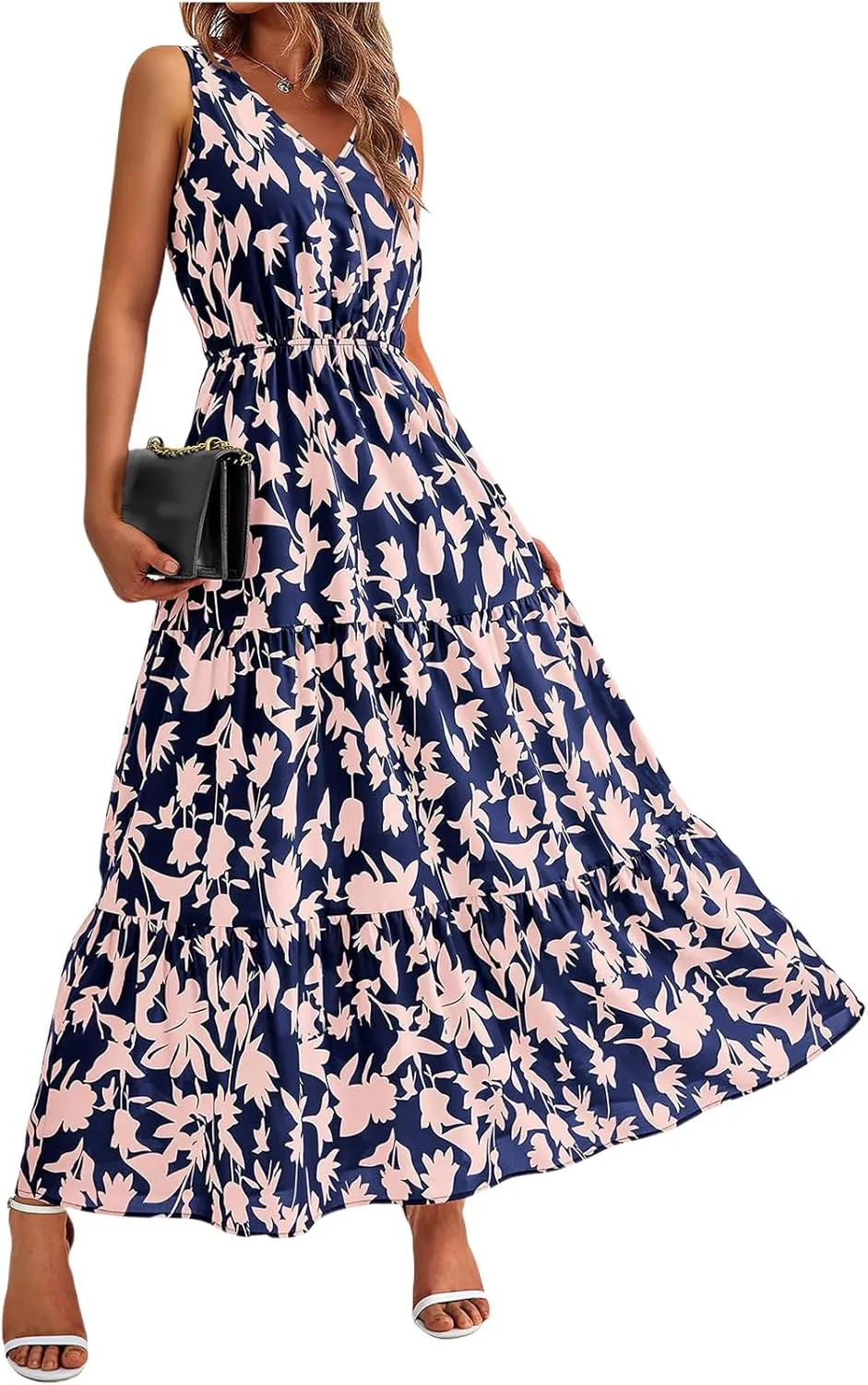 Womens Summer Maxi Dress Casual Flowy Sleeveless Sundress Boho Floral V Neck Long Dresses Beach Long Dress