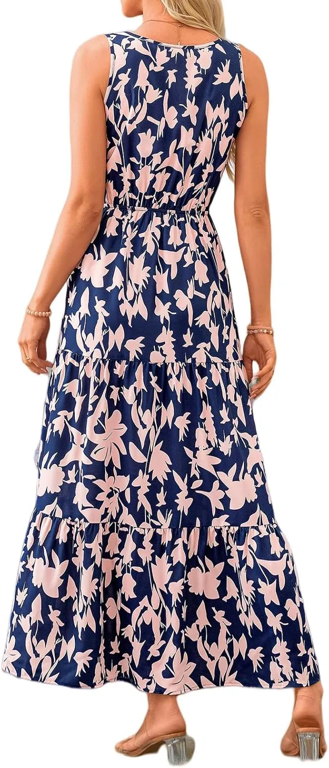 Womens Summer Maxi Dress Casual Flowy Sleeveless Sundress Boho Floral V Neck Long Dresses Beach Long Dress