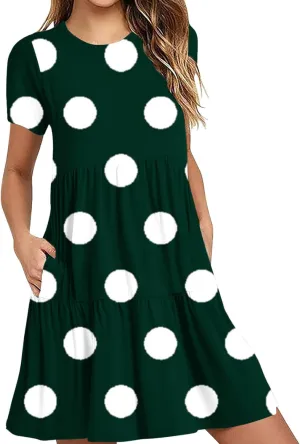 Women's Summer Midi Dress with Pockets Polka Dot Graphic T-Shirt Dress Casual Fashion Short Sleeve Ruffle Sundress