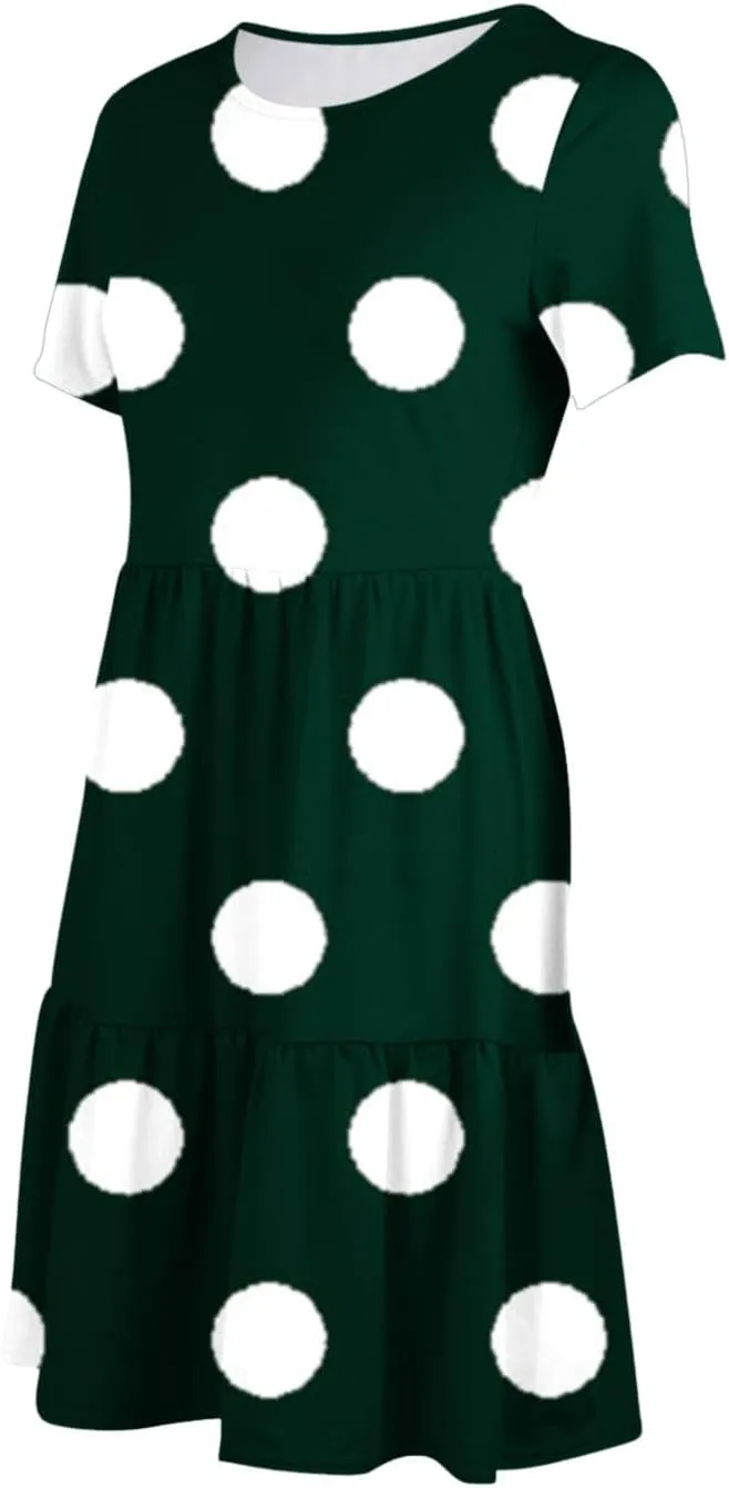 Women's Summer Midi Dress with Pockets Polka Dot Graphic T-Shirt Dress Casual Fashion Short Sleeve Ruffle Sundress