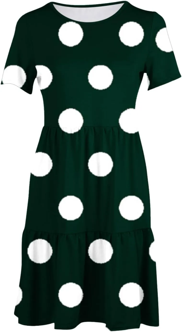 Women's Summer Midi Dress with Pockets Polka Dot Graphic T-Shirt Dress Casual Fashion Short Sleeve Ruffle Sundress